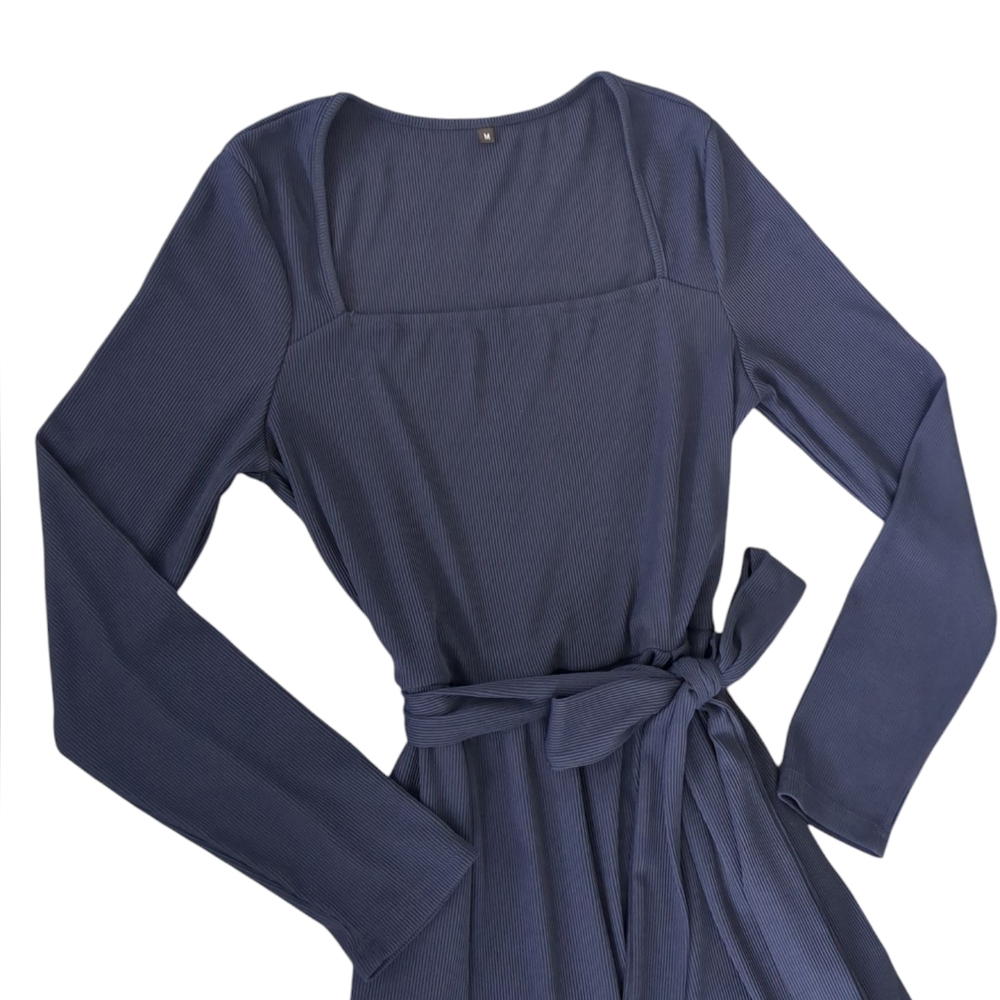 Women's Navy Blue Long Sleeve Square Neck Belted Wide Leg Jumpsuit (Size M) - Picture 5 of 8
